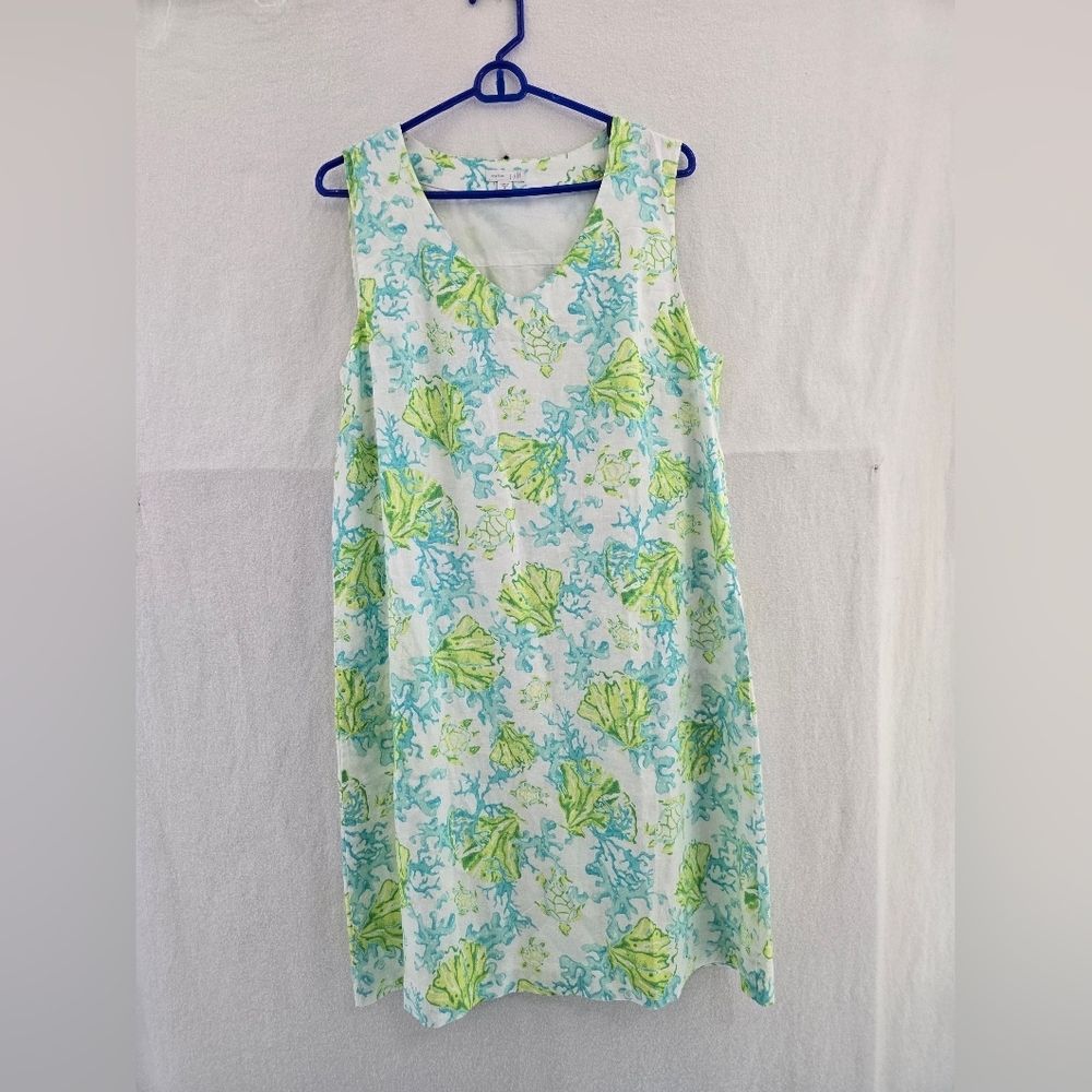 J. Jill Blue/ Green Linen Undersea Sleeveless Shift Summery Dress. Ladies MED - Picture 2 of 10